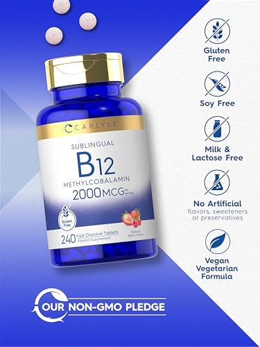 Carlyle B12 Vitamin 2000 mcg | 240 Schnellzerfall-Tabletten | Sublinguales Methylcobalamin | Beerengeschmack | Vegetarisch, Nicht-GVO & Glutenfrei