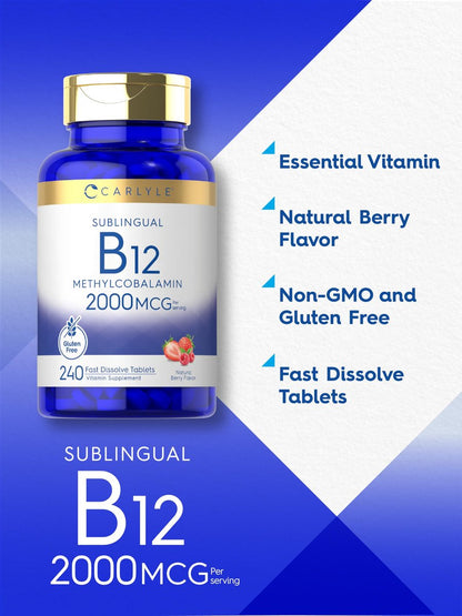 Carlyle B12 Vitamin 2000 mcg | 240 Schnellzerfall-Tabletten | Sublinguales Methylcobalamin | Beerengeschmack | Vegetarisch, Nicht-GVO & Glutenfrei