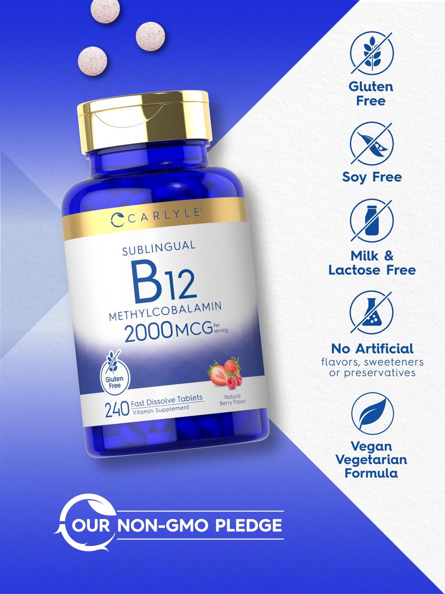 Carlyle B12 Vitamin 2000 mcg | 240 Schnellzerfall-Tabletten | Sublinguales Methylcobalamin | Beerengeschmack | Vegetarisch, Nicht-GVO & Glutenfrei