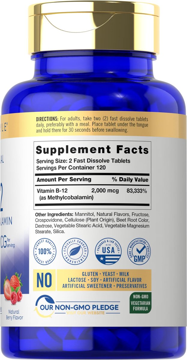 Carlyle B12 Vitamin 2000 mcg | 240 Schnellzerfall-Tabletten | Sublinguales Methylcobalamin | Beerengeschmack | Vegetarisch, Nicht-GVO & Glutenfrei