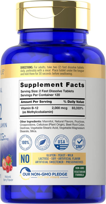 Carlyle B12 Vitamin 2000 mcg | 240 Schnellzerfall-Tabletten | Sublinguales Methylcobalamin | Beerengeschmack | Vegetarisch, Nicht-GVO & Glutenfrei