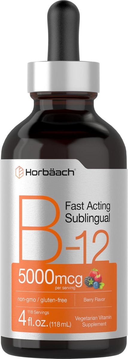 Horbaach B12 Vitamin 5000 mcg Tropfen sublingual | 118 ml | als Methylcobalamin und Cyanocobalamin | Flüssige vegane Tropfen | Beerengeschmack | Ohne Gentechnik & Glutenfrei