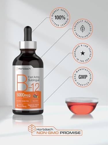 Horbaach B12 Vitamin 5000 mcg Tropfen sublingual | 118 ml | als Methylcobalamin und Cyanocobalamin | Flüssige vegane Tropfen | Beerengeschmack | Ohne Gentechnik & Glutenfrei