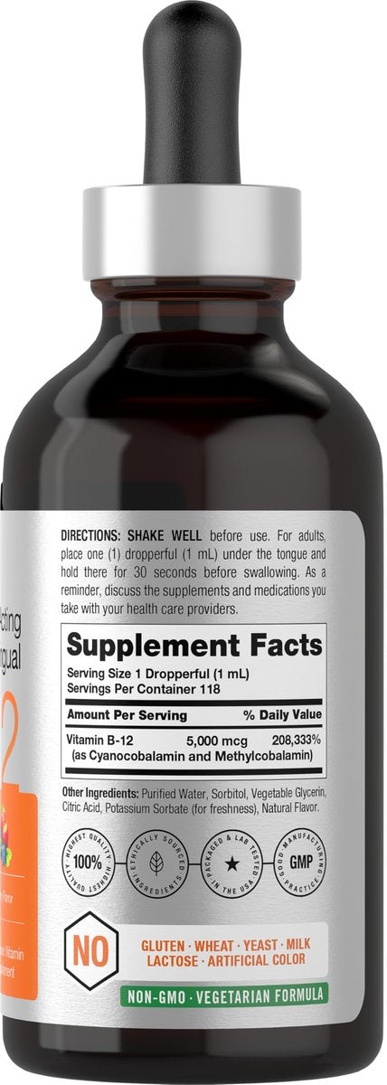 Horbaach B12 Vitamin 5000 mcg Tropfen sublingual | 118 ml | als Methylcobalamin und Cyanocobalamin | Flüssige vegane Tropfen | Beerengeschmack | Ohne Gentechnik & Glutenfrei