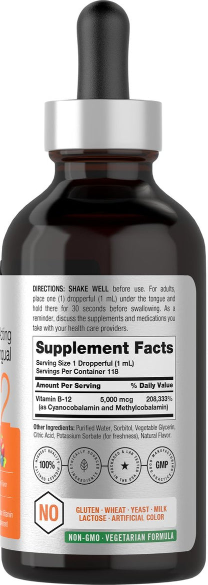 Horbaach B12 Vitamin 5000 mcg Tropfen sublingual | 118 ml | als Methylcobalamin und Cyanocobalamin | Flüssige vegane Tropfen | Beerengeschmack | Ohne Gentechnik & Glutenfrei