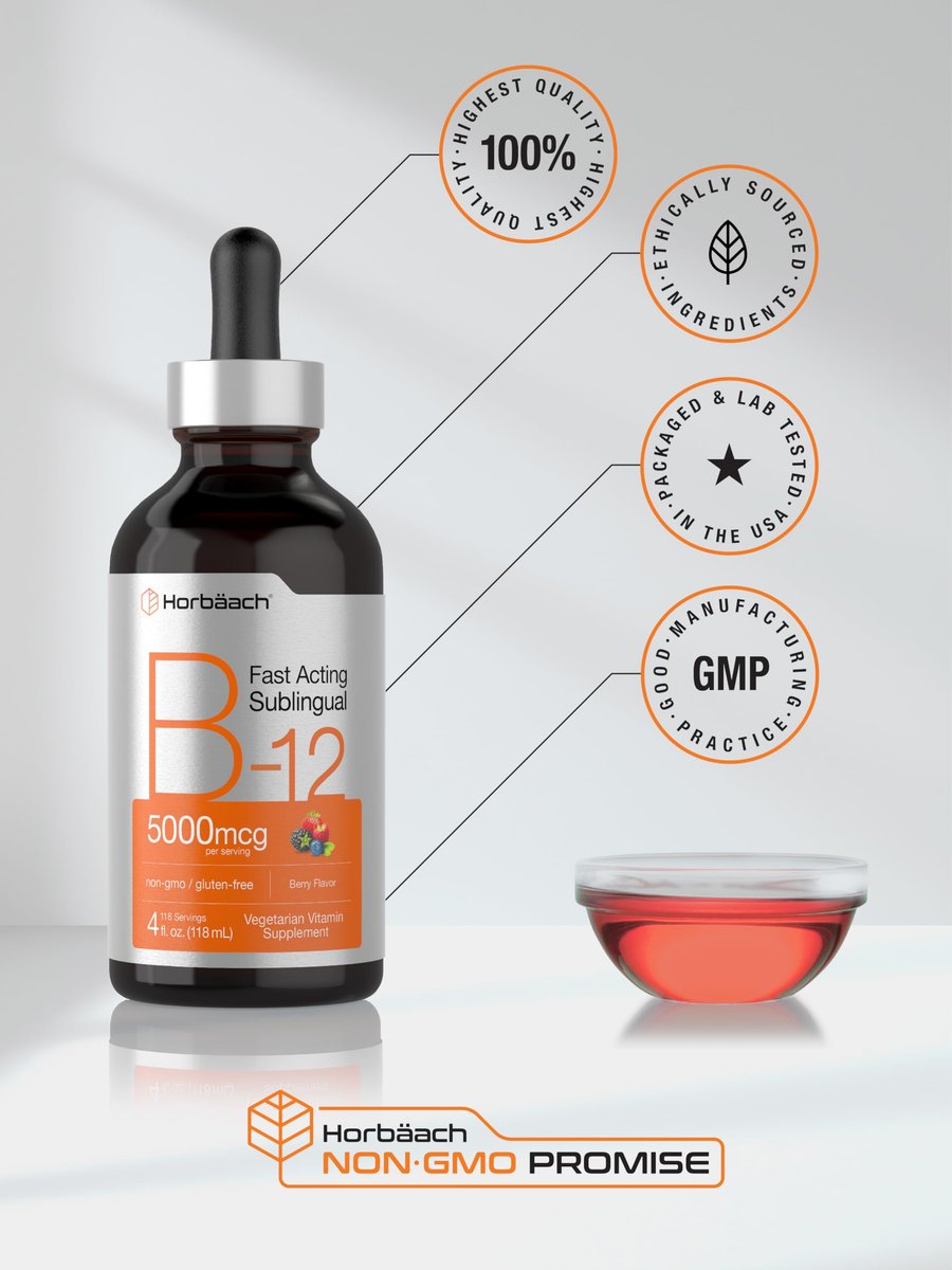 Horbaach B12 Vitamin 5000 mcg Tropfen sublingual | 118 ml | als Methylcobalamin und Cyanocobalamin | Flüssige vegane Tropfen | Beerengeschmack | Ohne Gentechnik & Glutenfrei