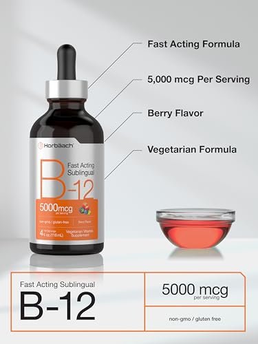 Horbaach B12 Vitamin 5000 mcg Tropfen sublingual | 118 ml | als Methylcobalamin und Cyanocobalamin | Flüssige vegane Tropfen | Beerengeschmack | Ohne Gentechnik & Glutenfrei