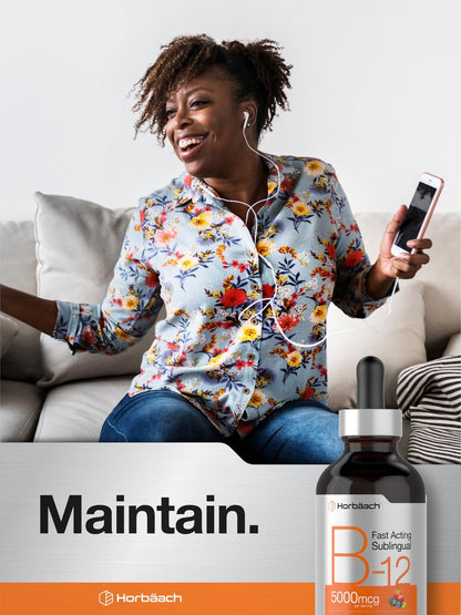 Horbaach B12 Vitamin 5000 mcg Tropfen sublingual | 118 ml | als Methylcobalamin und Cyanocobalamin | Flüssige vegane Tropfen | Beerengeschmack | Ohne Gentechnik & Glutenfrei