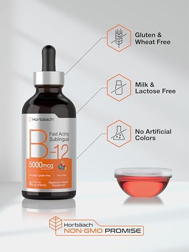 Horbaach B12 Vitamin 5000 mcg Tropfen sublingual | 118 ml | als Methylcobalamin und Cyanocobalamin | Flüssige vegane Tropfen | Beerengeschmack | Ohne Gentechnik & Glutenfrei