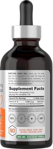 Horbaach B12 Vitamin 5000 mcg Tropfen sublingual | 118 ml | als Methylcobalamin und Cyanocobalamin | Flüssige vegane Tropfen | Beerengeschmack | Ohne Gentechnik & Glutenfrei