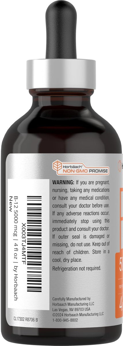 Horbaach B12 Vitamin 5000 mcg Tropfen sublingual | 118 ml | als Methylcobalamin und Cyanocobalamin | Flüssige vegane Tropfen | Beerengeschmack | Ohne Gentechnik & Glutenfrei