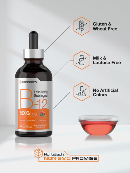 Horbaach B12 Vitamin 5000 mcg Tropfen sublingual | 118 ml | als Methylcobalamin und Cyanocobalamin | Flüssige vegane Tropfen | Beerengeschmack | Ohne Gentechnik & Glutenfrei