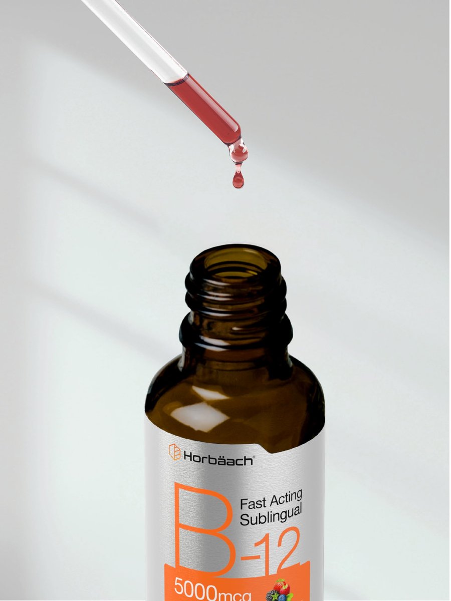 Horbaach B12 Vitamin 5000 mcg Tropfen sublingual | 118 ml | als Methylcobalamin und Cyanocobalamin | Flüssige vegane Tropfen | Beerengeschmack | Ohne Gentechnik & Glutenfrei