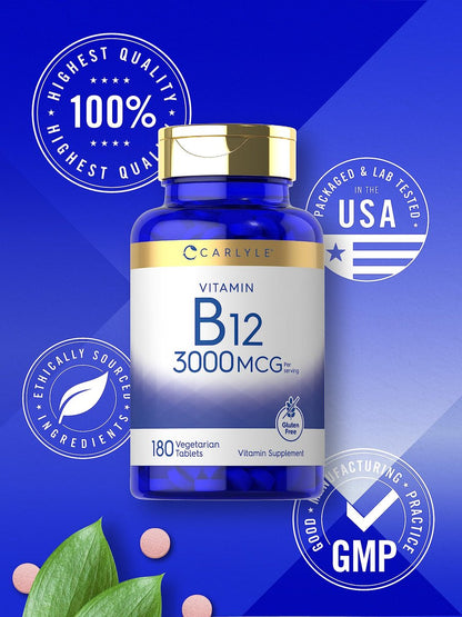 Carlyle B12 Vitamin 3000 mcg | 180 Tabletten | Vegetarisches Nahrungsergänzungsmittel | Non-GMO & Glutenfrei