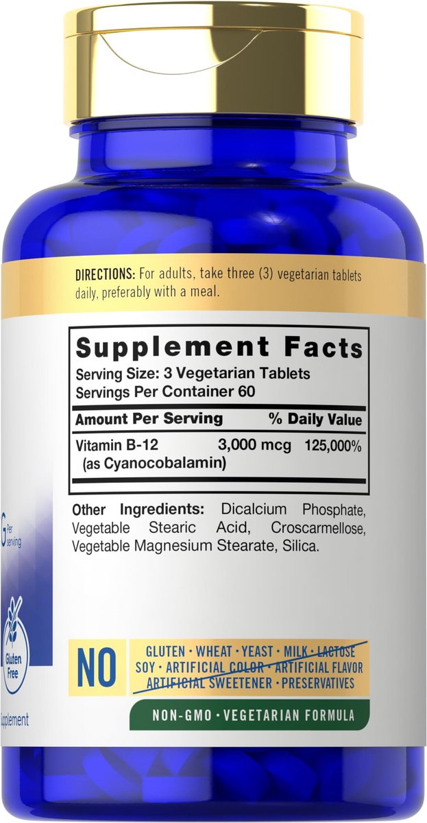 Carlyle B12 Vitamin 3000 mcg | 180 Tabletten | Vegetarisches Nahrungsergänzungsmittel | Non-GMO & Glutenfrei