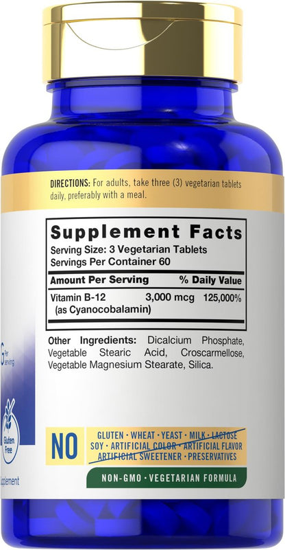 Carlyle B12 Vitamin 3000 mcg | 180 Tabletten | Vegetarisches Nahrungsergänzungsmittel | Non-GMO & Glutenfrei
