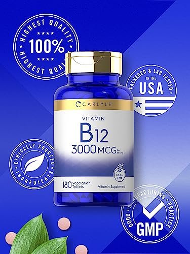 Carlyle B12 Vitamin 3000 mcg | 180 Tabletten | Vegetarisches Nahrungsergänzungsmittel | Non-GMO & Glutenfrei