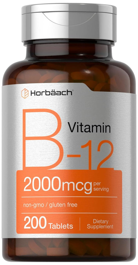 Horbäach B12 Vitamin 2000 mcg | 200 Tabletten | Vegetarisches Nahrungsergänzungsmittel | Non-GMO & Glutenfrei