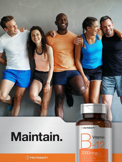 Horbäach B12 Vitamin 2000 mcg | 200 Tabletten | Vegetarisches Nahrungsergänzungsmittel | Non-GMO & Glutenfrei