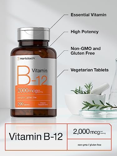 Horbäach B12 Vitamin 2000 mcg | 200 Tabletten | Vegetarisches Nahrungsergänzungsmittel | Non-GMO & Glutenfrei