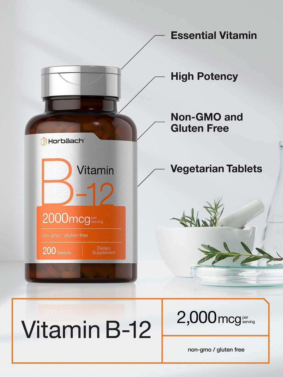 Horbäach B12 Vitamin 2000 mcg | 200 Tabletten | Vegetarisches Nahrungsergänzungsmittel | Non-GMO & Glutenfrei