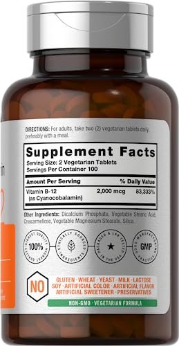 Horbäach B12 Vitamin 2000 mcg | 200 Tabletten | Vegetarisches Nahrungsergänzungsmittel | Non-GMO & Glutenfrei