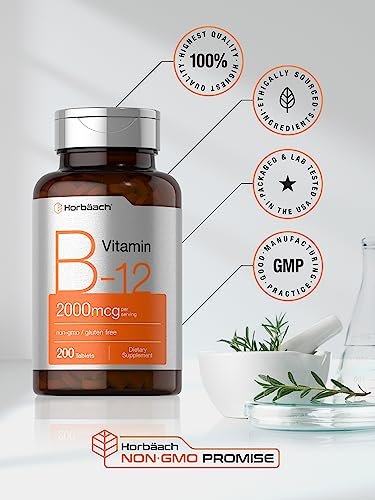 Horbäach B12 Vitamin 2000 mcg | 200 Tabletten | Vegetarisches Nahrungsergänzungsmittel | Non-GMO & Glutenfrei
