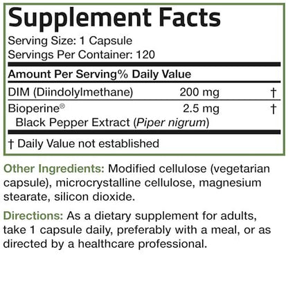 Bronson DIM Supplement 200 mg mit BioPerin für verbesserte Aufnahme, unterstützt den Östrogenstoffwechsel und erhält ausgeglichene Hormonspiegel, 120 vegane Kapseln