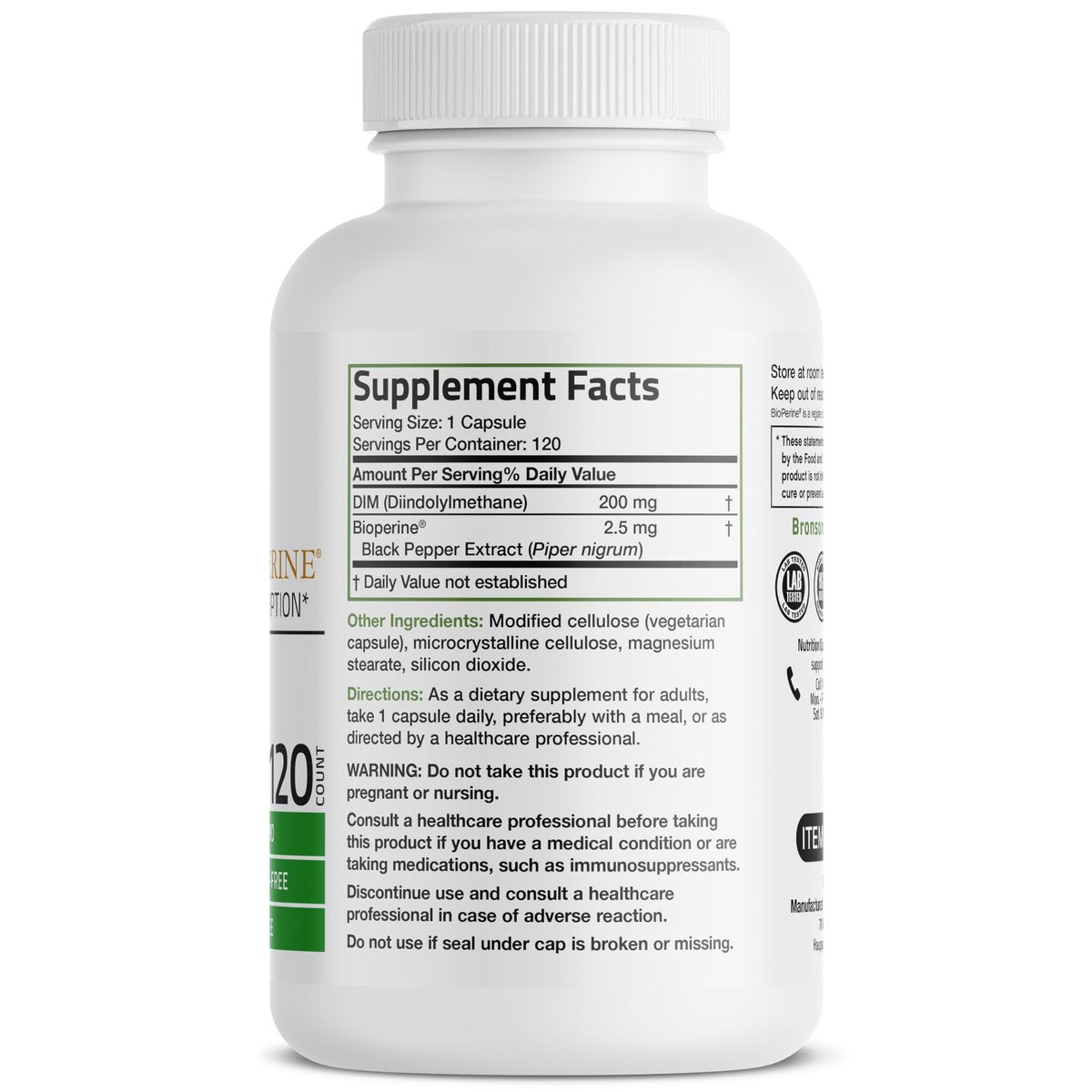 Bronson DIM Supplement 200 mg mit BioPerin für verbesserte Aufnahme, unterstützt den Östrogenstoffwechsel und erhält ausgeglichene Hormonspiegel, 120 vegane Kapseln