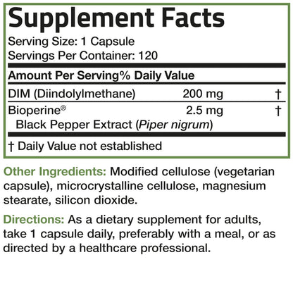 Bronson DIM Supplement 200 mg mit BioPerin für verbesserte Aufnahme, unterstützt den Östrogenstoffwechsel und erhält ausgeglichene Hormonspiegel, 120 vegane Kapseln