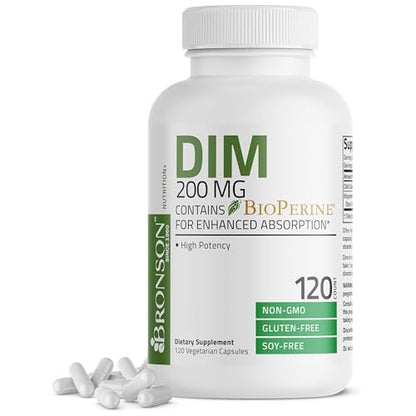Bronson DIM Supplement 200 mg mit BioPerin für verbesserte Aufnahme, unterstützt den Östrogenstoffwechsel und erhält ausgeglichene Hormonspiegel, 120 vegane Kapseln