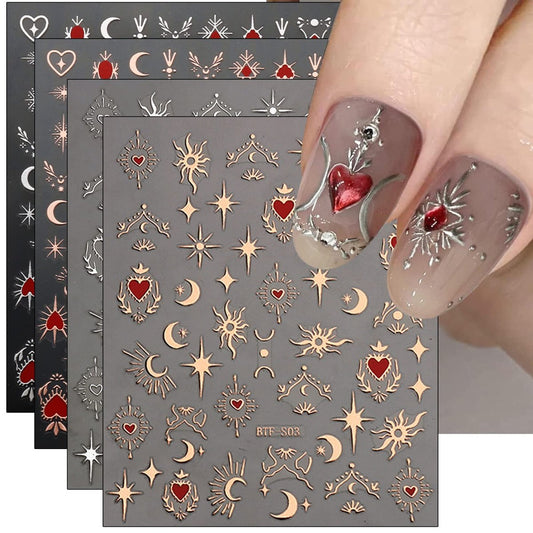 JMEOWIO 9 Blätter Mond-Stern-Nagelkunst-Aufkleber, selbstklebende Nagel-Dekorationen
