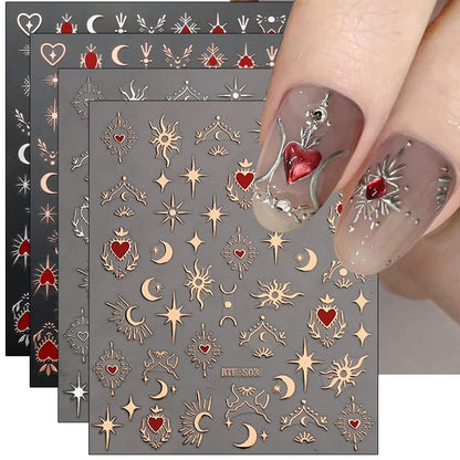 JMEOWIO 9 Blätter Mond-Stern-Nagelkunst-Aufkleber, selbstklebende Nagel-Dekorationen