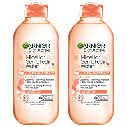 Garnier SkinActive Sanftes Peeling-Mizellenwasser mit 1% PHA und Glykolsäure, Gesichtspeeling, Reinigung und Make-up-Entferner, 2er-Pack