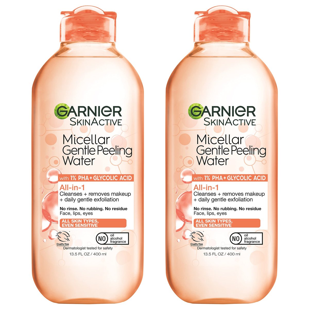 Garnier SkinActive Sanftes Peeling-Mizellenwasser mit 1% PHA und Glykolsäure, Gesichtspeeling, Reinigung und Make-up-Entferner, 2er-Pack