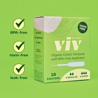 Viv for Your V Organic Cotton Tampons Regular, BPA-freier Applikator, ungiftige Tampons, duftfrei, HSA FSA zertifiziert, 18 Stück