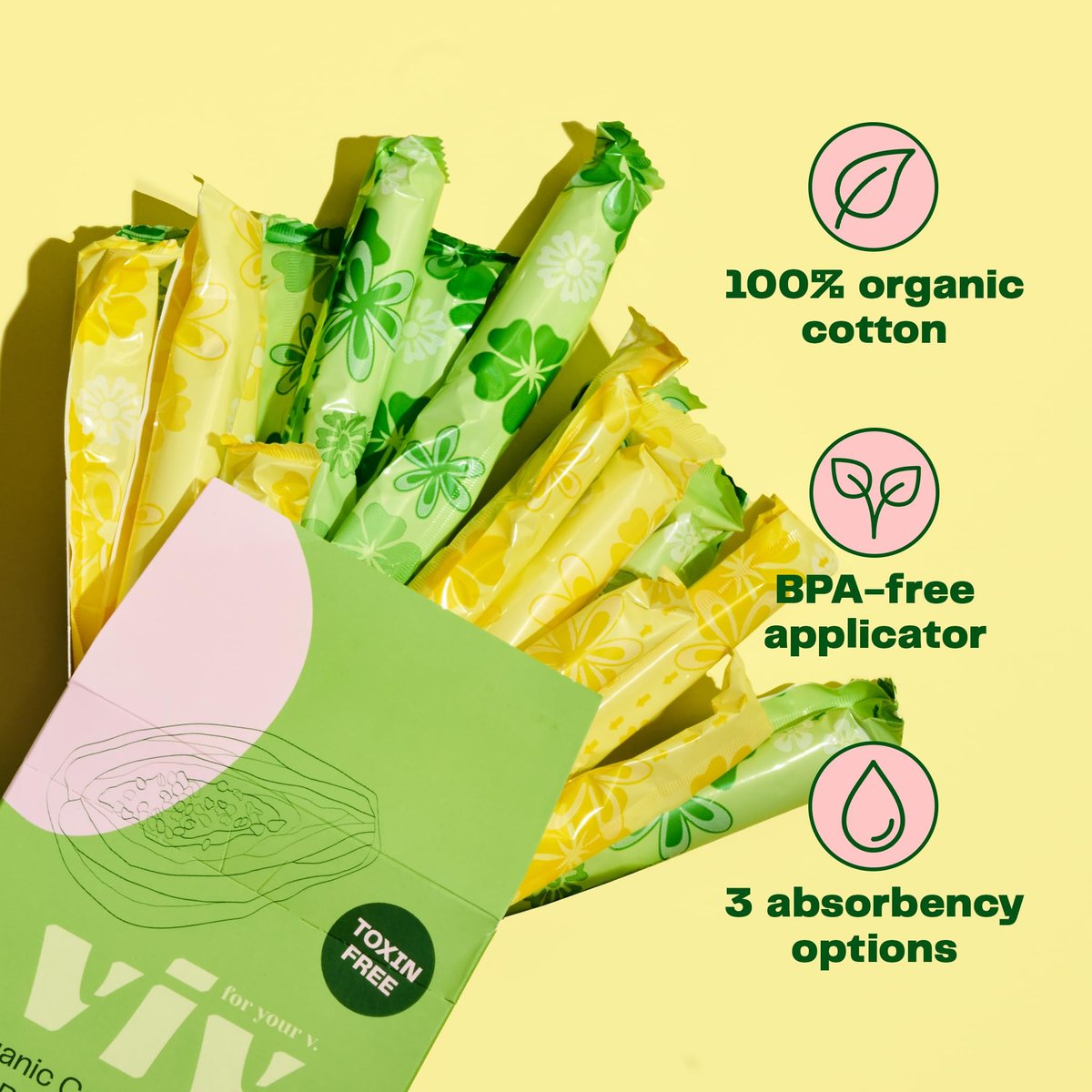 Viv for Your V Organic Cotton Tampons Regular, BPA-freier Applikator, ungiftige Tampons, duftfrei, HSA FSA zertifiziert, 18 Stück