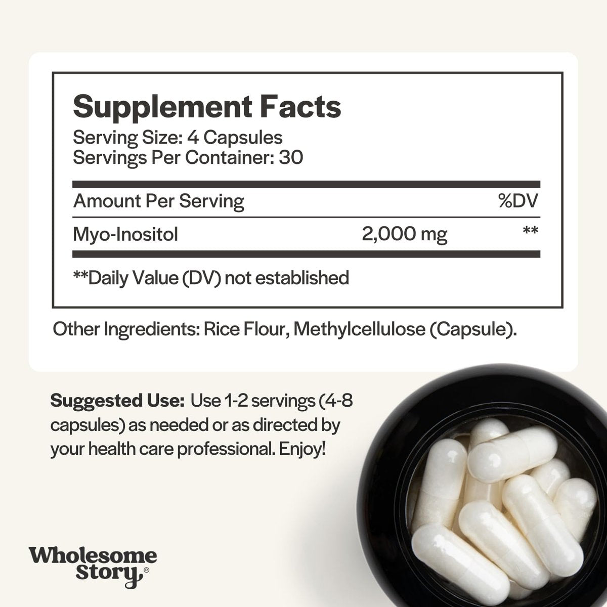 Wholesome Story Myo-Inositol Kapseln | 2000mg pro Portion | 500mg pro Kapsel | Fruchtbarkeitsergänzung für Männer und Frauen | Vitamin B8 | 120 Kapseln