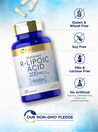 Carlyle R-Liponsäure 200 mg | 60 Kapseln | Stabilisierte RLA mit Biotin | Non-GMO, Glutenfrei