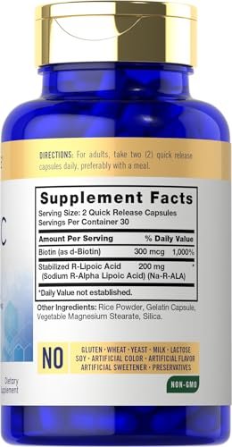 Carlyle R-Liponsäure 200 mg | 60 Kapseln | Stabilisierte RLA mit Biotin | Non-GMO, Glutenfrei