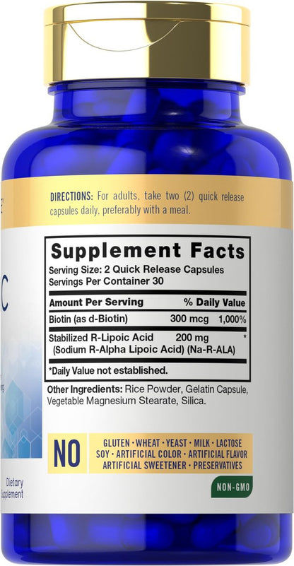 Carlyle R-Liponsäure 200 mg | 60 Kapseln | Stabilisierte RLA mit Biotin | Non-GMO, Glutenfrei