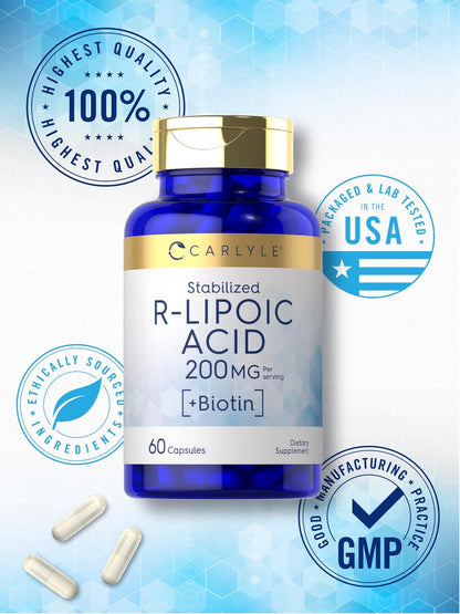 Carlyle R-Liponsäure 200 mg | 60 Kapseln | Stabilisierte RLA mit Biotin | Non-GMO, Glutenfrei