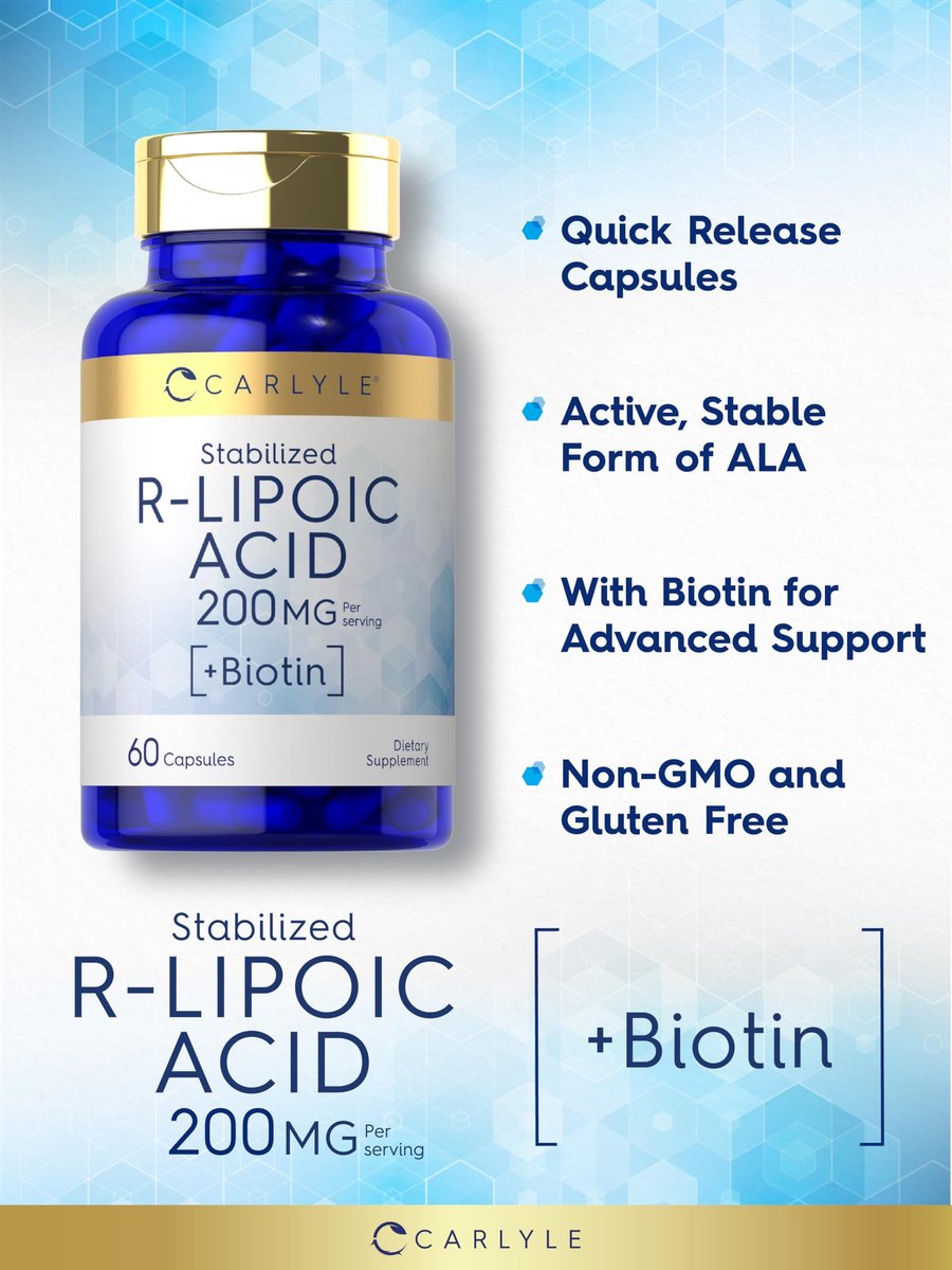 Carlyle R-Liponsäure 200 mg | 60 Kapseln | Stabilisierte RLA mit Biotin | Non-GMO, Glutenfrei