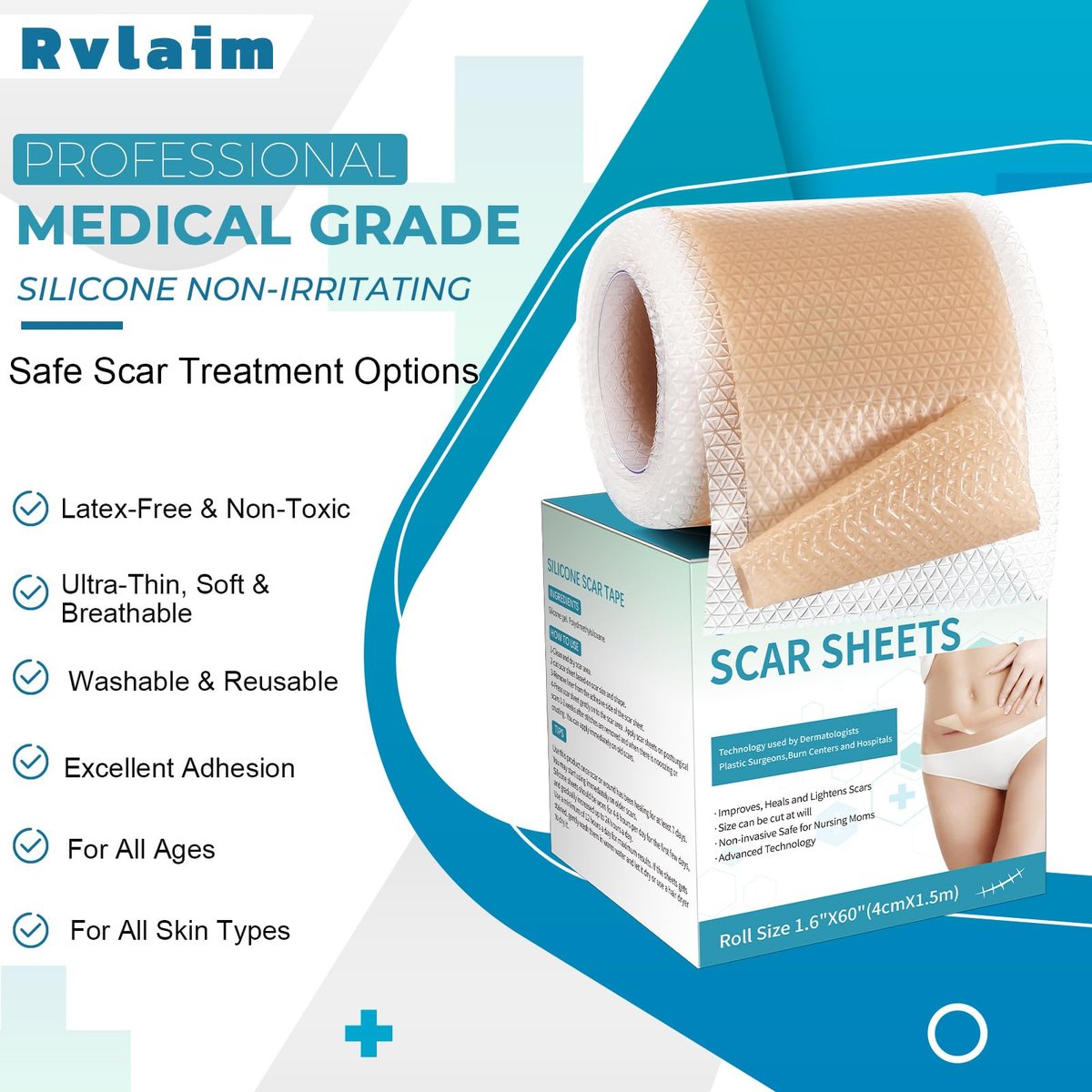 Rvlaim Medizinisches Silikon-Narbenpflaster (1,6" x 60" Rolle - 1,5 m), Professionelles Silikon-Narbenband für Kaiserschnitt-, Keloid-, Verbrennungs- und Aknenarben – Wiederverwendbar, Wasserdicht, Verbesserte Haftung
