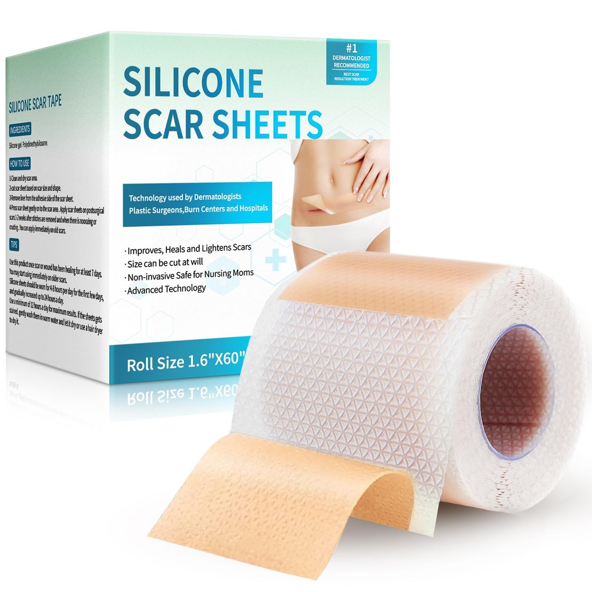 Rvlaim Medizinisches Silikon-Narbenpflaster (1,6" x 60" Rolle - 1,5 m), Professionelles Silikon-Narbenband für Kaiserschnitt-, Keloid-, Verbrennungs- und Aknenarben – Wiederverwendbar, Wasserdicht, Verbesserte Haftung