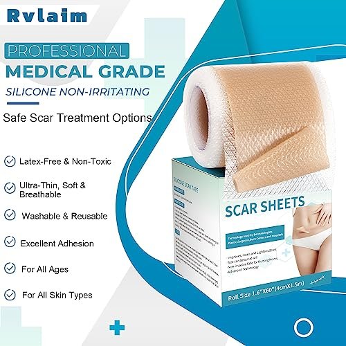 Rvlaim Medizinisches Silikon-Narbenpflaster (1,6" x 60" Rolle - 1,5 m), Professionelles Silikon-Narbenband für Kaiserschnitt-, Keloid-, Verbrennungs- und Aknenarben – Wiederverwendbar, Wasserdicht, Verbesserte Haftung