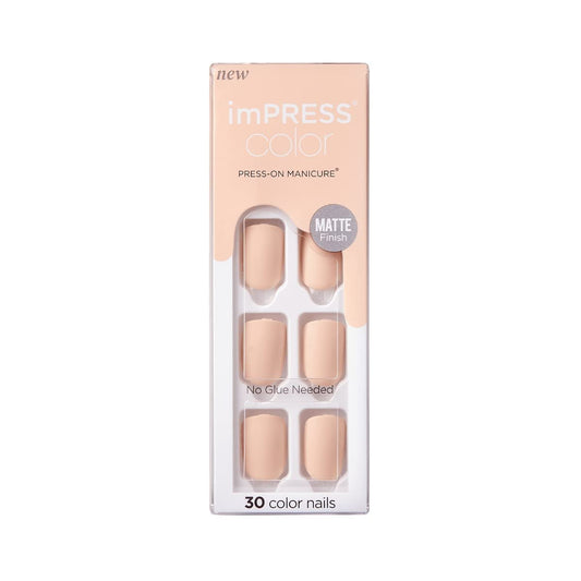 imPRESS KISS Color Press-On Manicure Fake Nails, Perfect Timing - Kurze Länge, Matt, Polierfreie Solide Farbe, Inklusive Vorbereitungspad, Mini-Feile, Maniküre-Stick und 30 Fake Nails