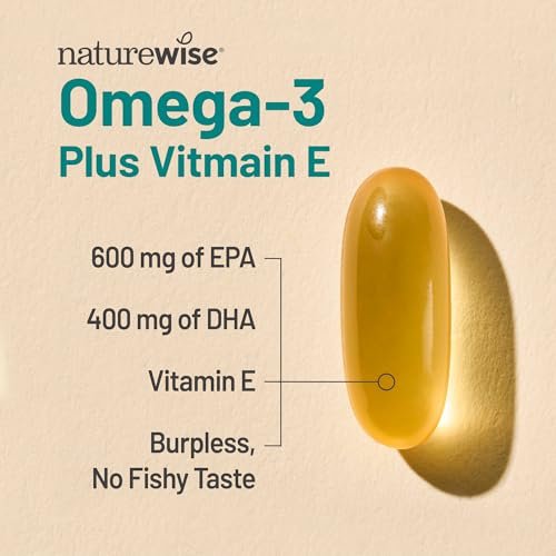 NatureWise Omega-3 Fischöl Extra-Stärke – 1000 mg pro Portion, 600 EPA & 400 DHA + Vitamin E – Unterstützung für Herz & Gehirn – Zitronengeschmack, GMO-frei – 180 Softgels (3-Monatsvorrat)