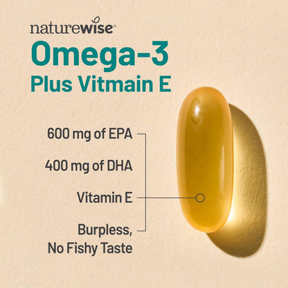 NatureWise Omega-3 Fischöl Extra-Stärke – 1000 mg pro Portion, 600 EPA & 400 DHA + Vitamin E – Unterstützung für Herz & Gehirn – Zitronengeschmack, GMO-frei – 180 Softgels (3-Monatsvorrat)