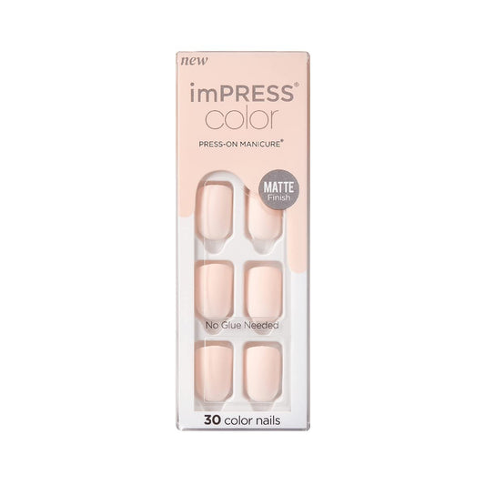 imPRESS KISS Color Press-On Maniküre Falsche Nägel, Lovely - Kurze Länge, Matt, Polierfreie Solide Farbe Mani, Inklusive Vorbereitungspad, Minifeile, Manikürestab und 30 Falsche Nägel